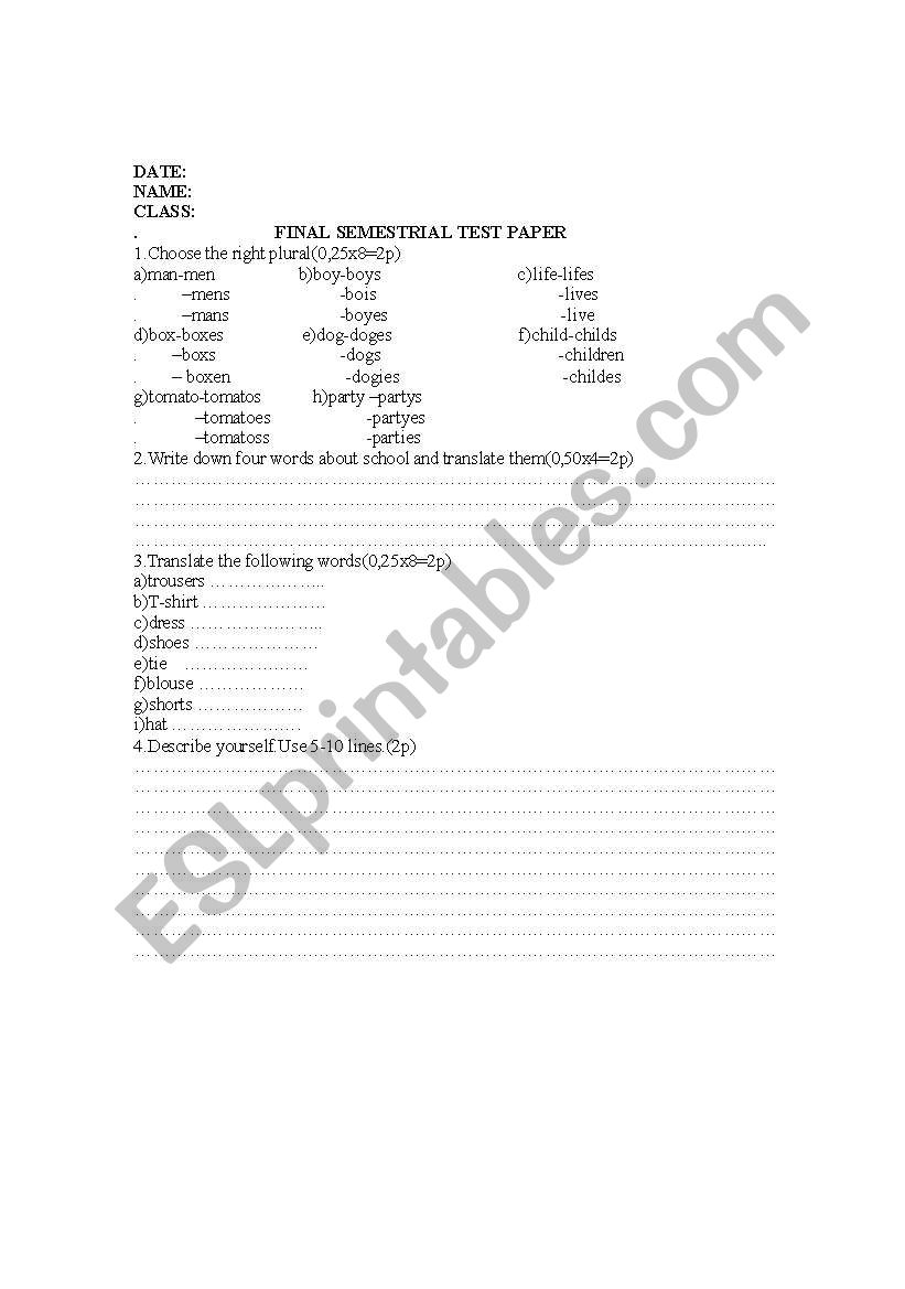 Pluralul substantivelor worksheet