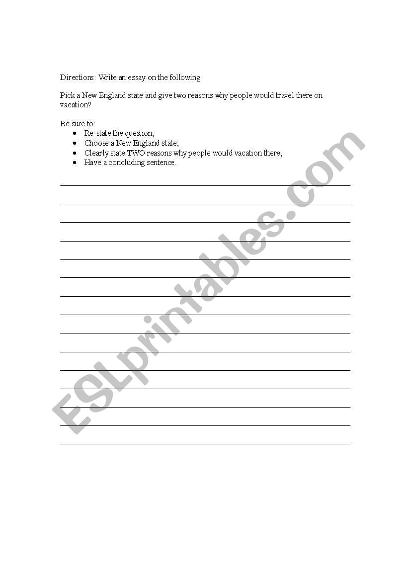 New England States Essay worksheet