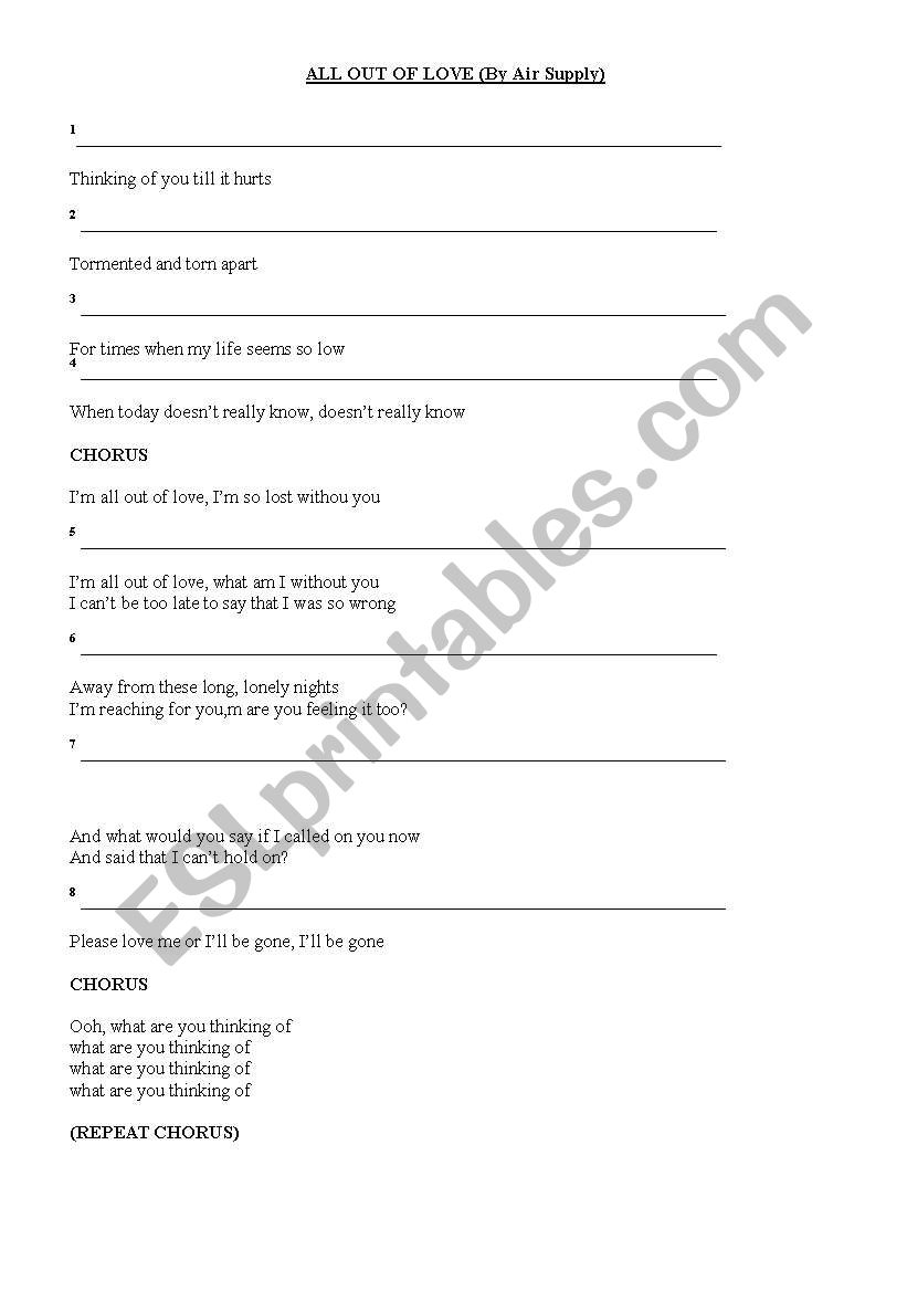 All out of Love worksheet