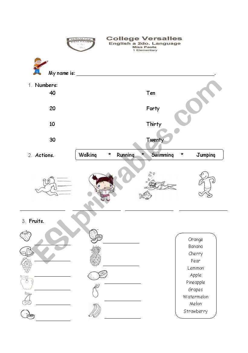 TEST FRUITS, ACTIONS NUMBERS worksheet
