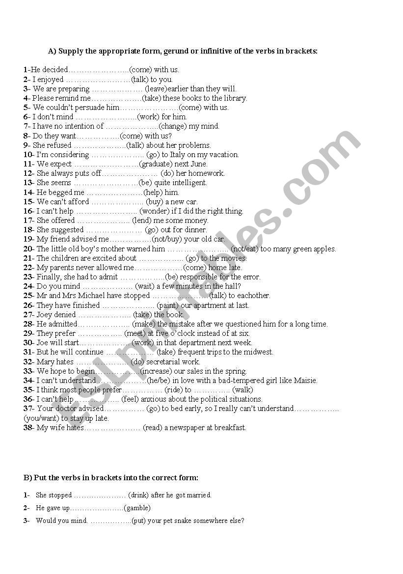 gerunds infinitives worksheet