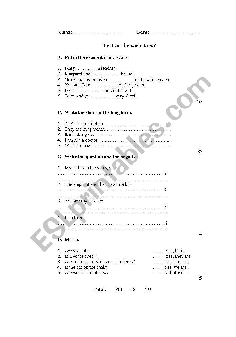 Test on the verb to be worksheet
