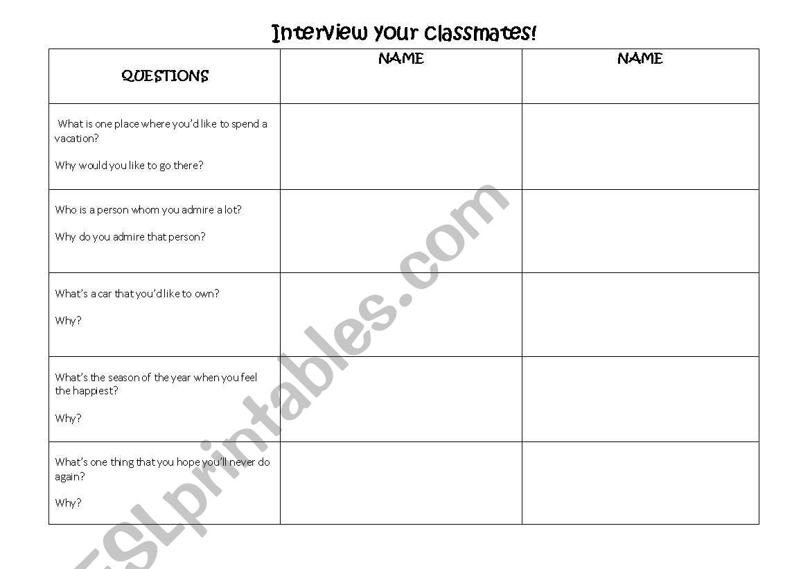 Interview your classmates worksheet