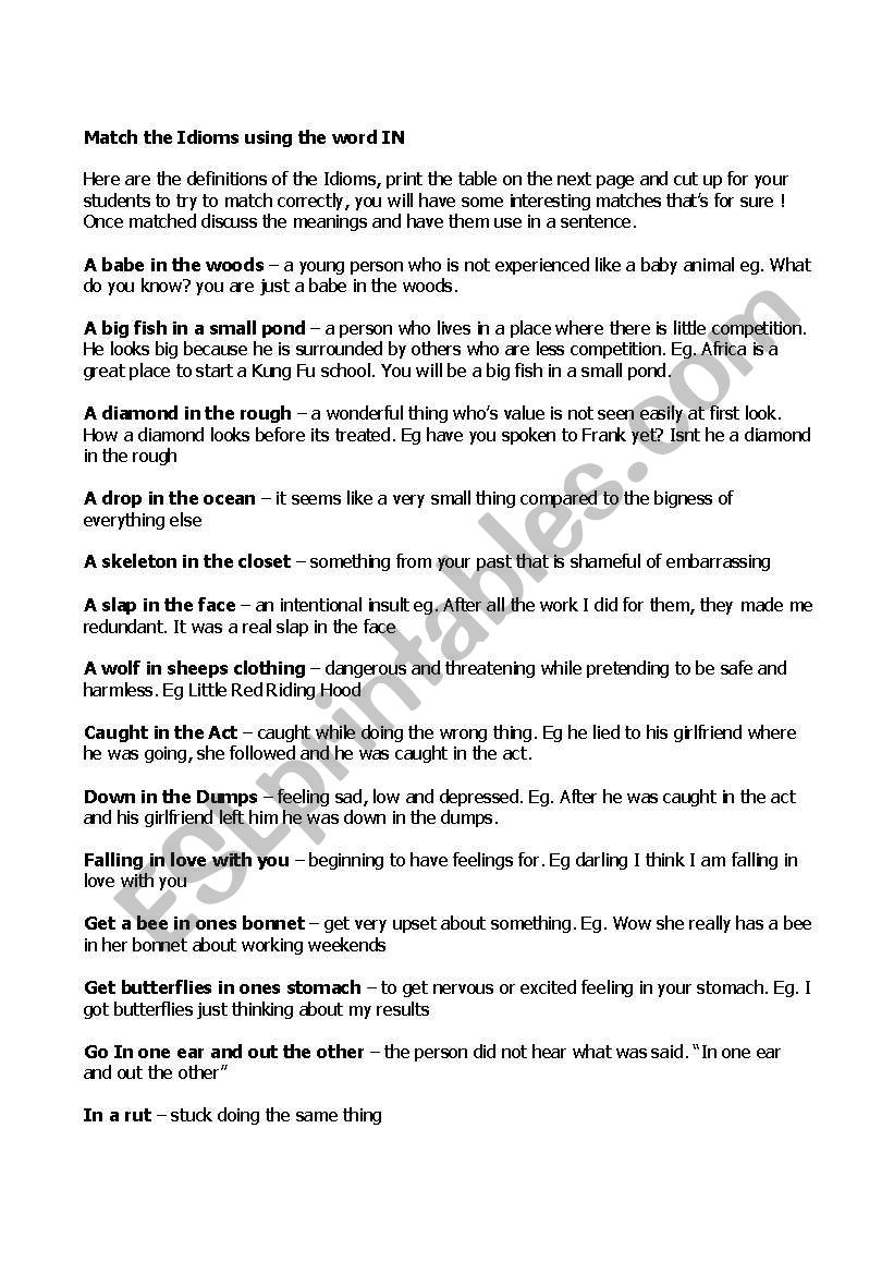Match the Idioms worksheet