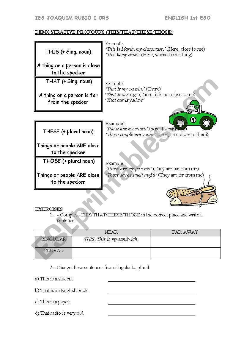 Demonstartive Pronouns worksheet