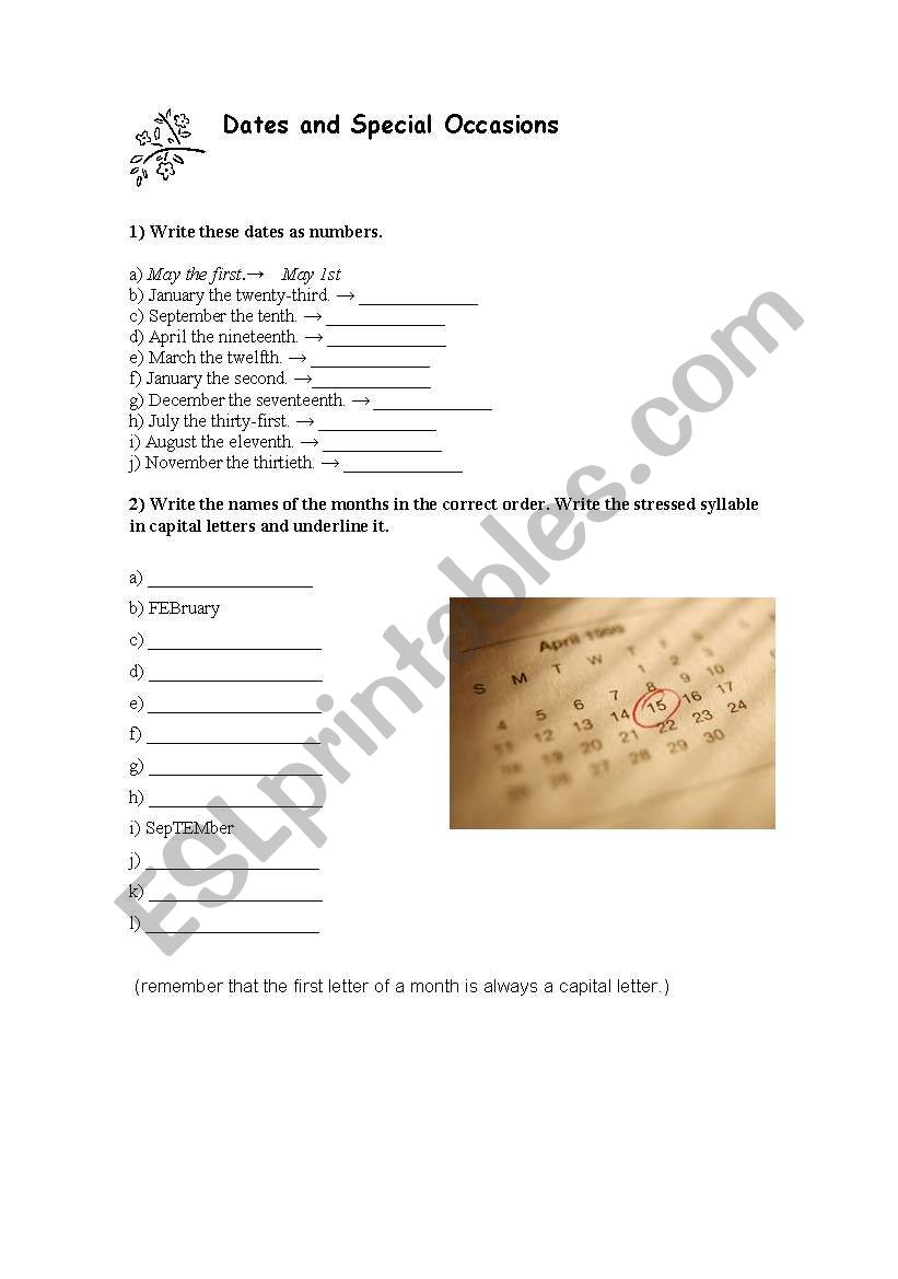 DATES AND SPECIAL OCCASIONS worksheet