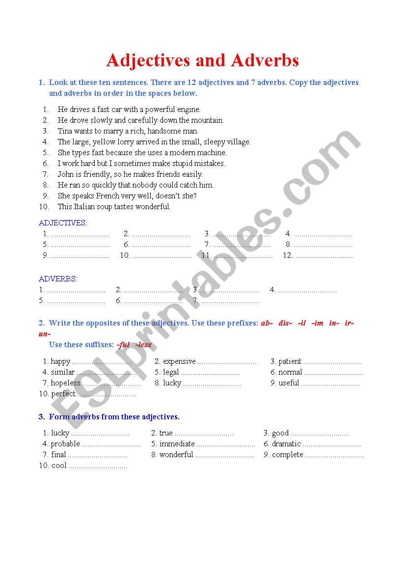 English Worksheets Adjectives And Adverbs