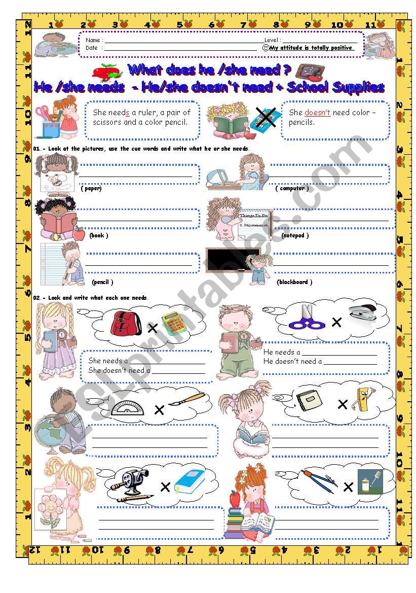 He/She needs - He/She doesn´t need + School Supplies 3/3 - ESL ...