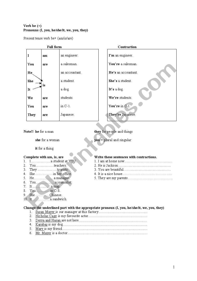 To be, a/an, possessive pronouns and adjectives worksheet