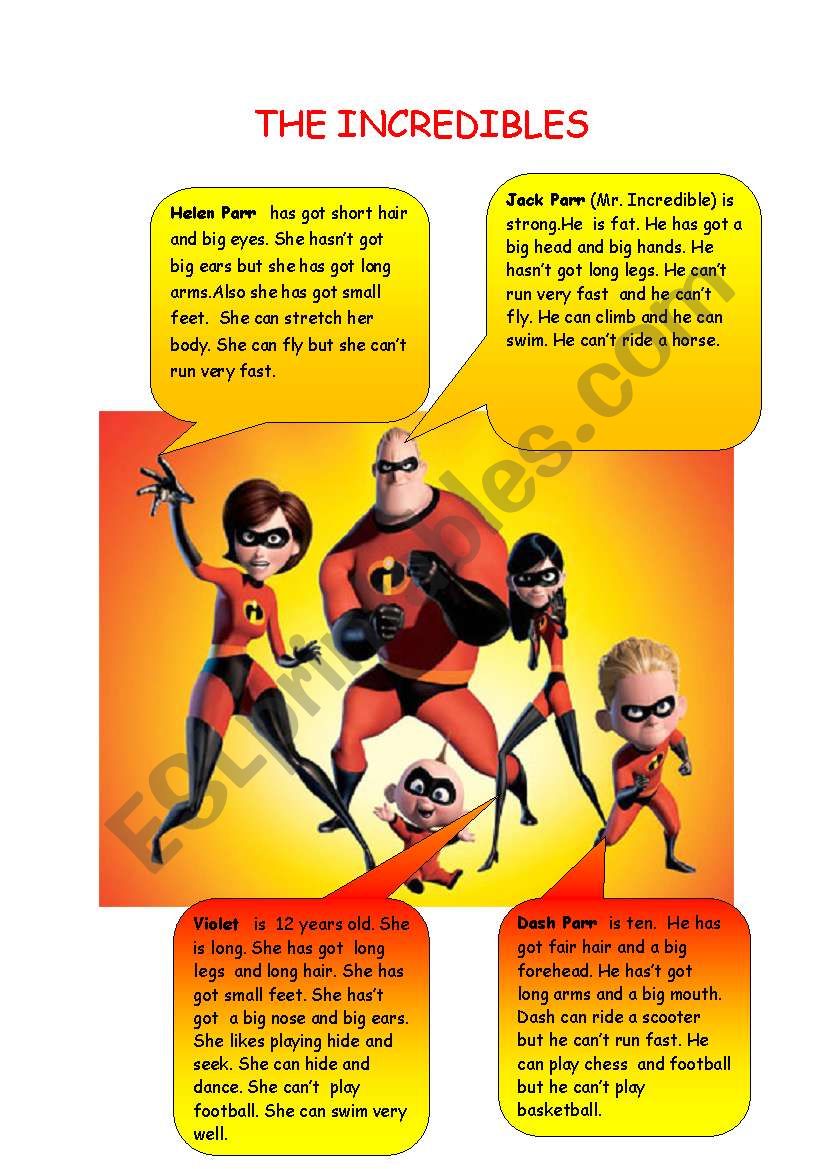 The Incredibles( have/ has got + can/can´t) - ESL worksheet by addiss