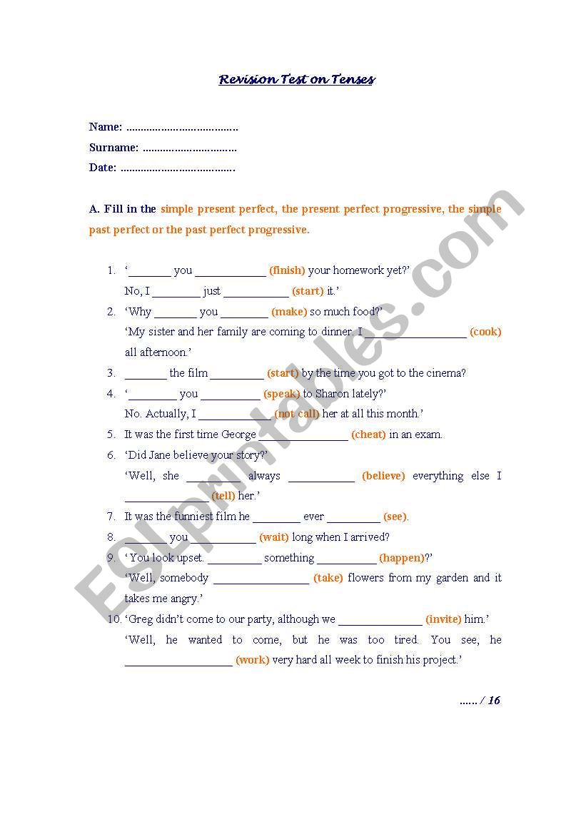 Revision Test onTenses worksheet