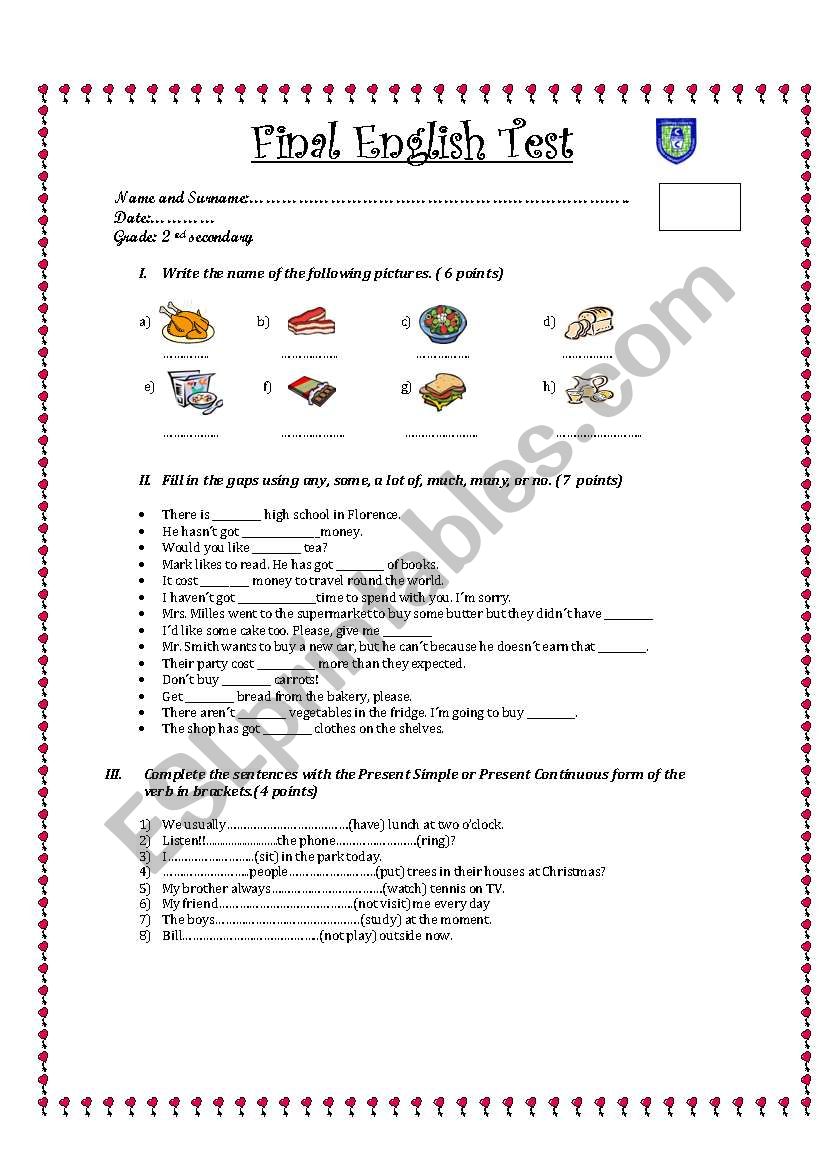 Elementary English Test worksheet