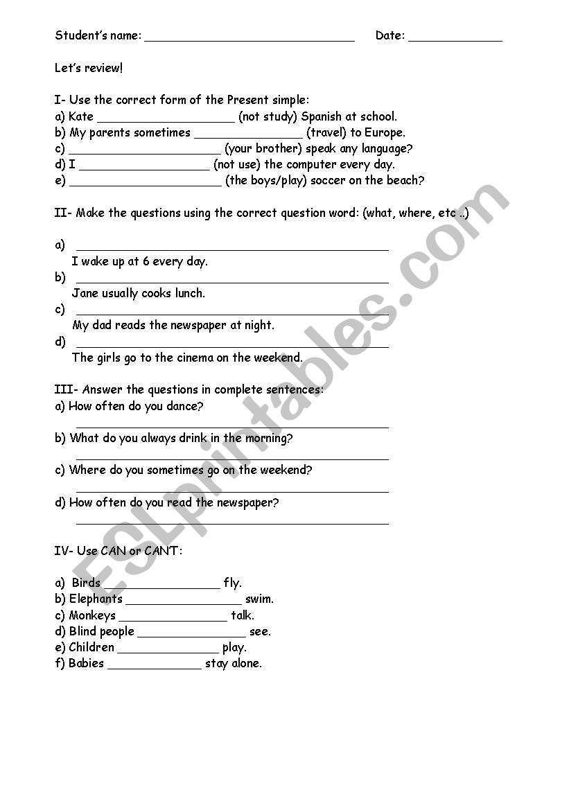 Exercise worksheet