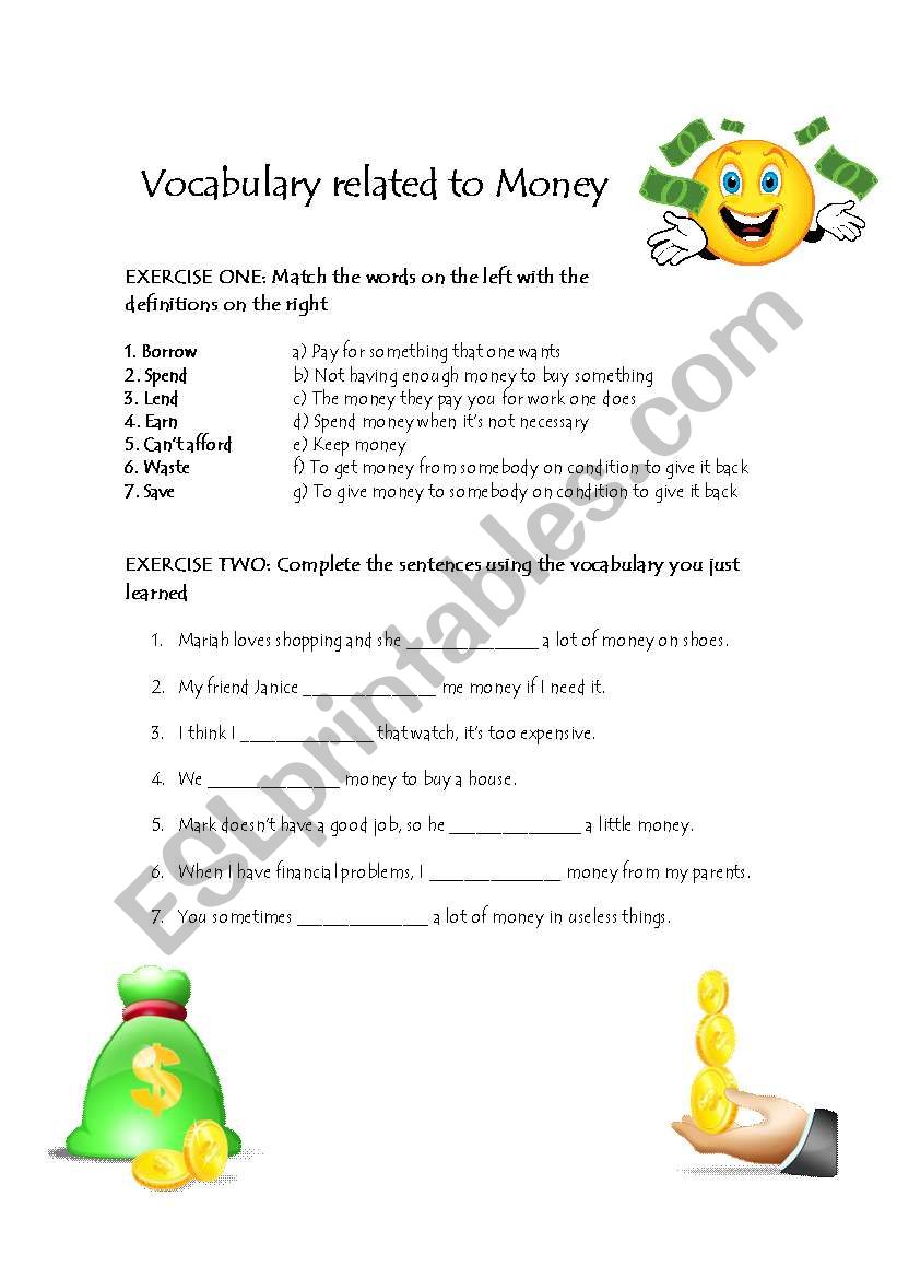 Money Vocabulary worksheet