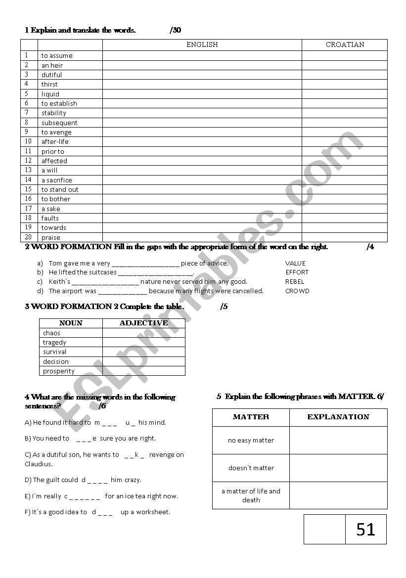 Vocabulary and word formation worksheet