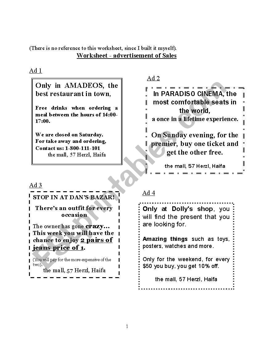 commercials worksheet