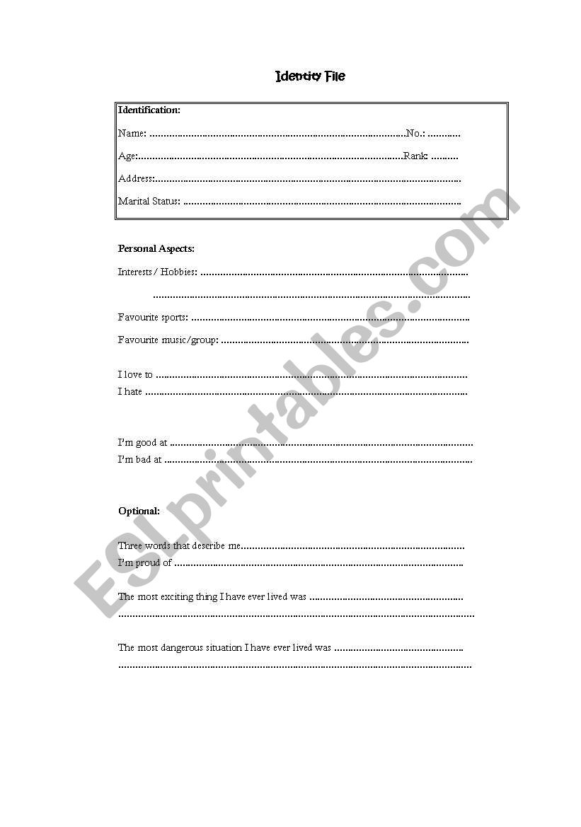 Identity File worksheet