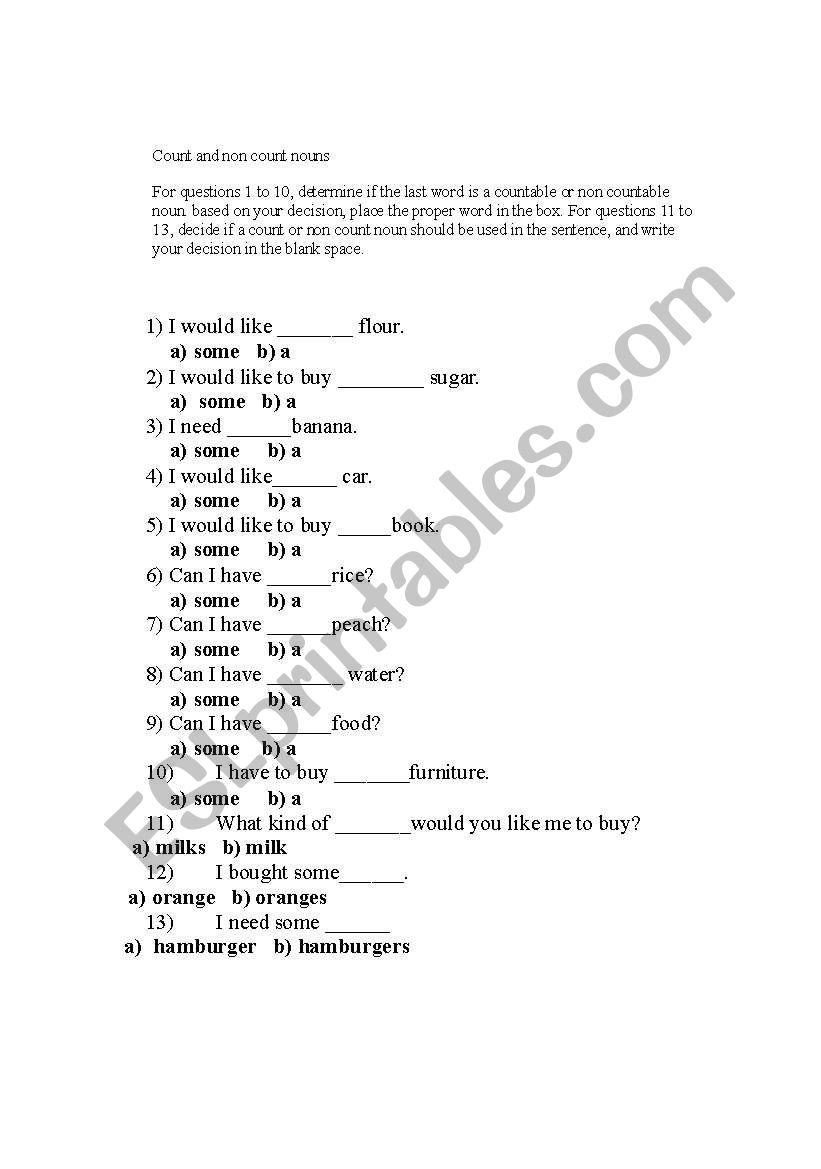 Count and Non count nouns worksheet