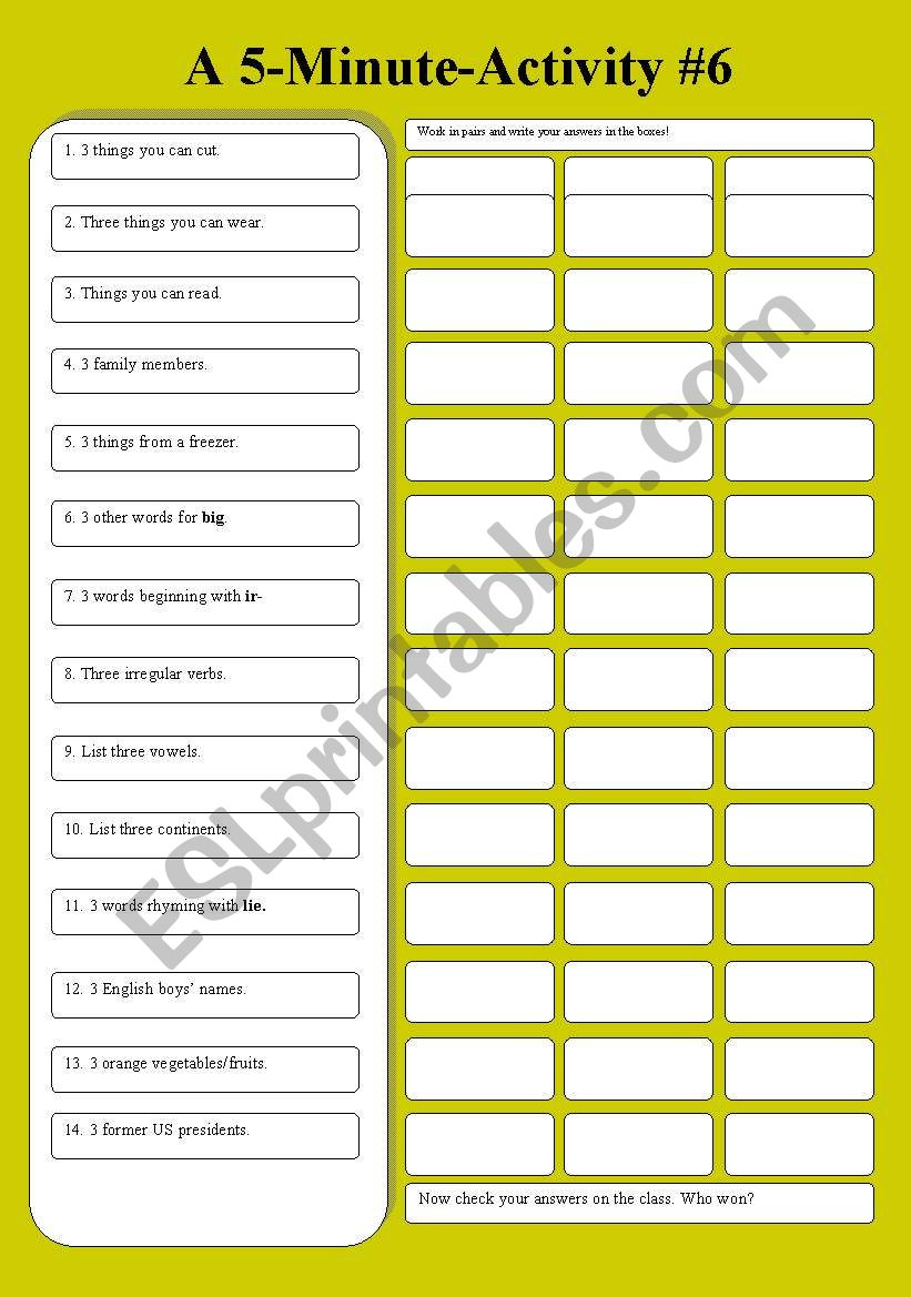 A 5-Minute-Activity #6 - ESL worksheet by Mulle
