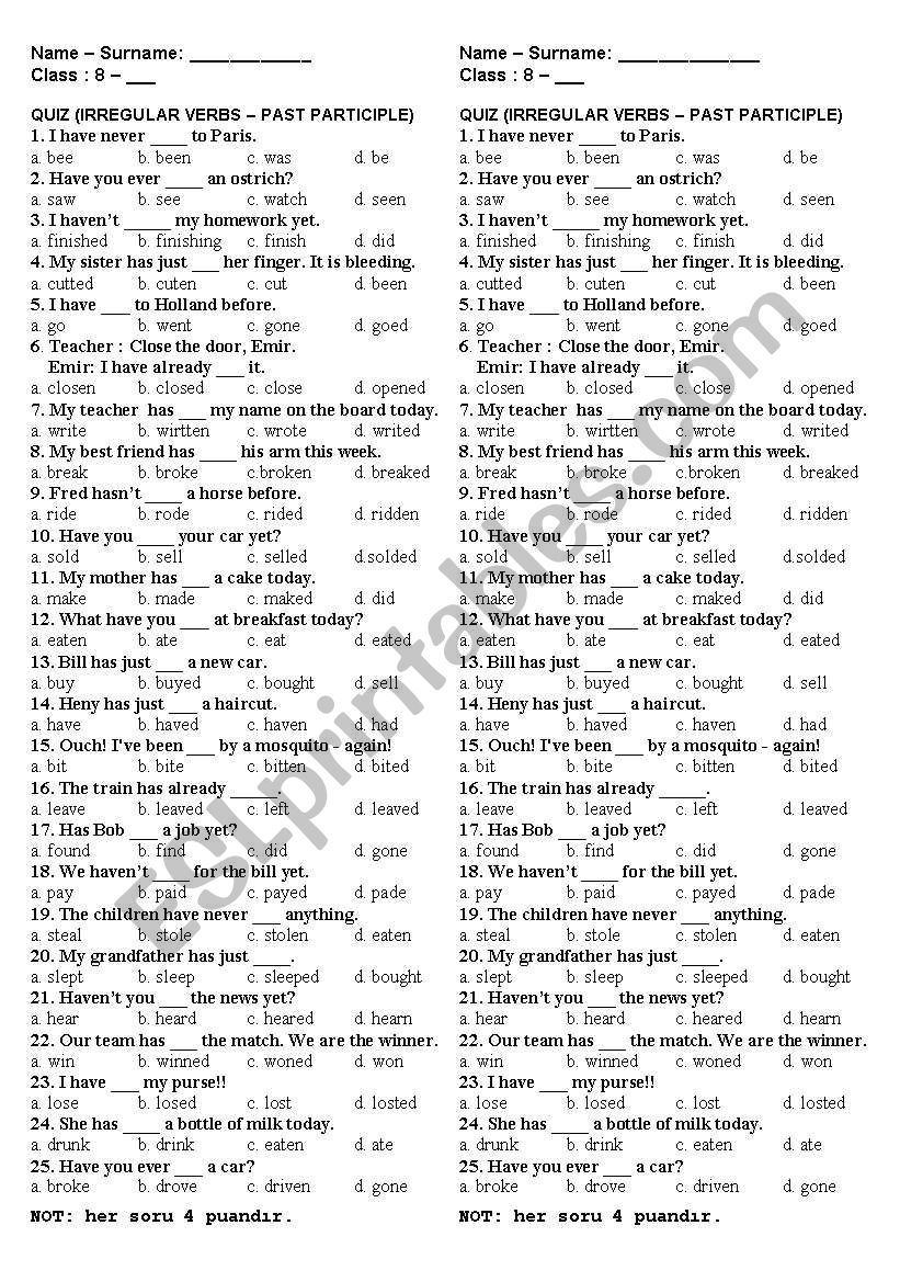 QUIZ FOR IRREGULAR VERBS PAST PARTICIPLE ESL Worksheet By Zekale