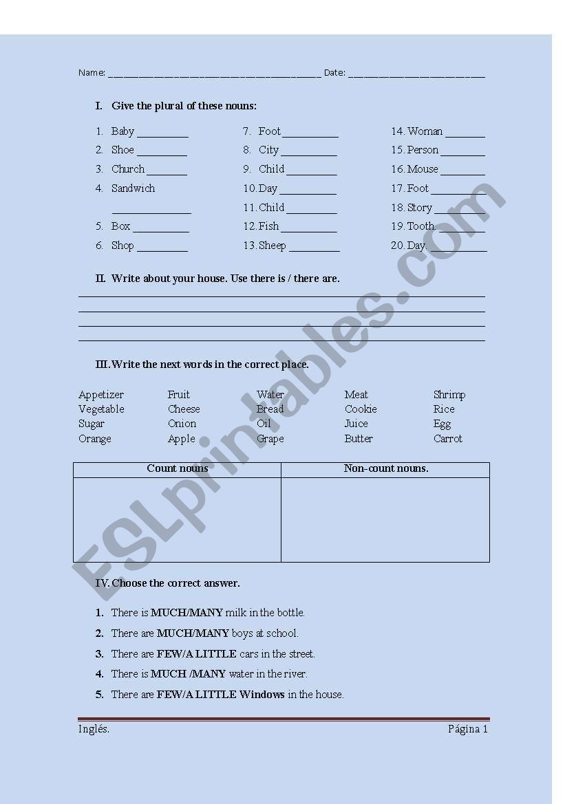 English Worksheets Count And Non count Nouns