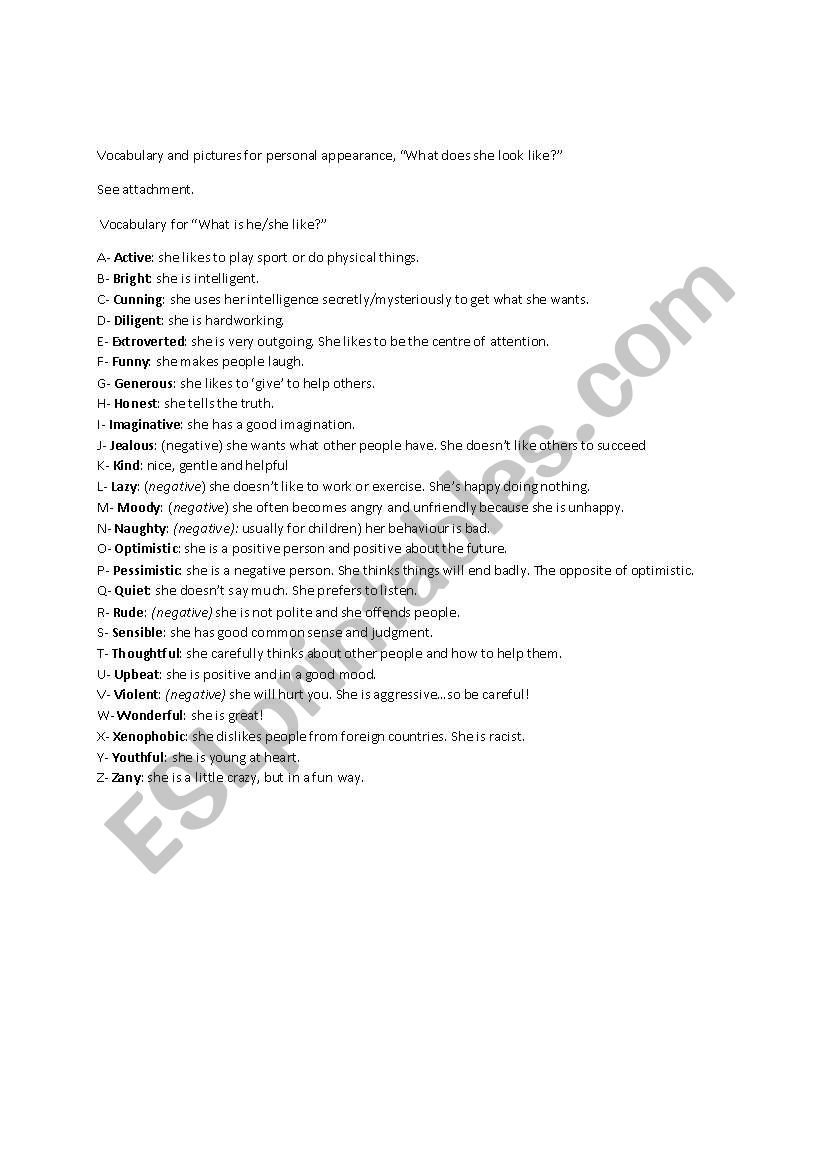 Character adjectives worksheet