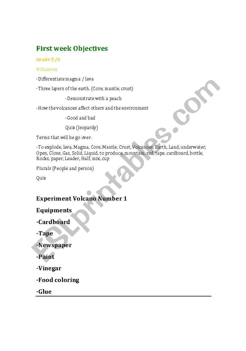 First week lesson plan worksheet