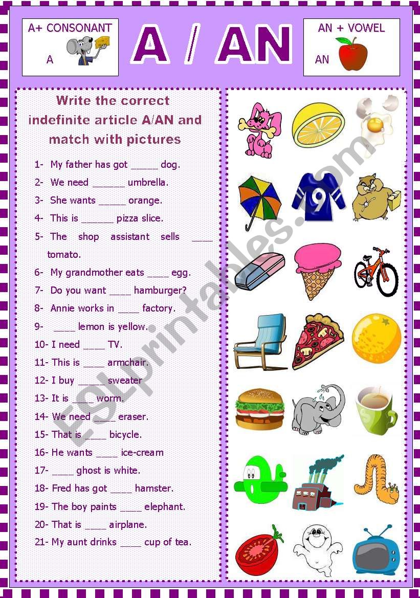 A Or AN ESL Worksheet By Erar2008