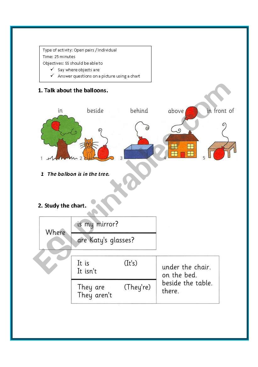 Say where objects are worksheet