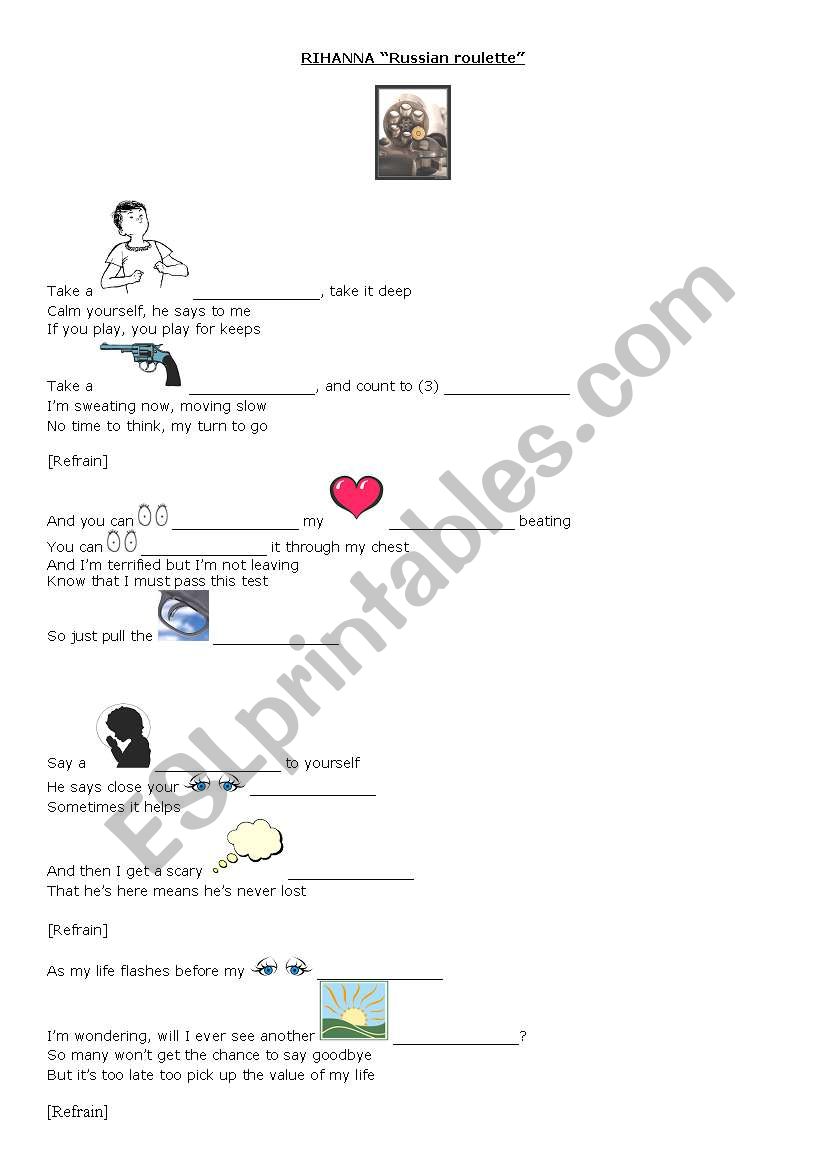 SONG, RIHANNA, RUSSIAN ROULETTE - ESL worksheet by isabel2010