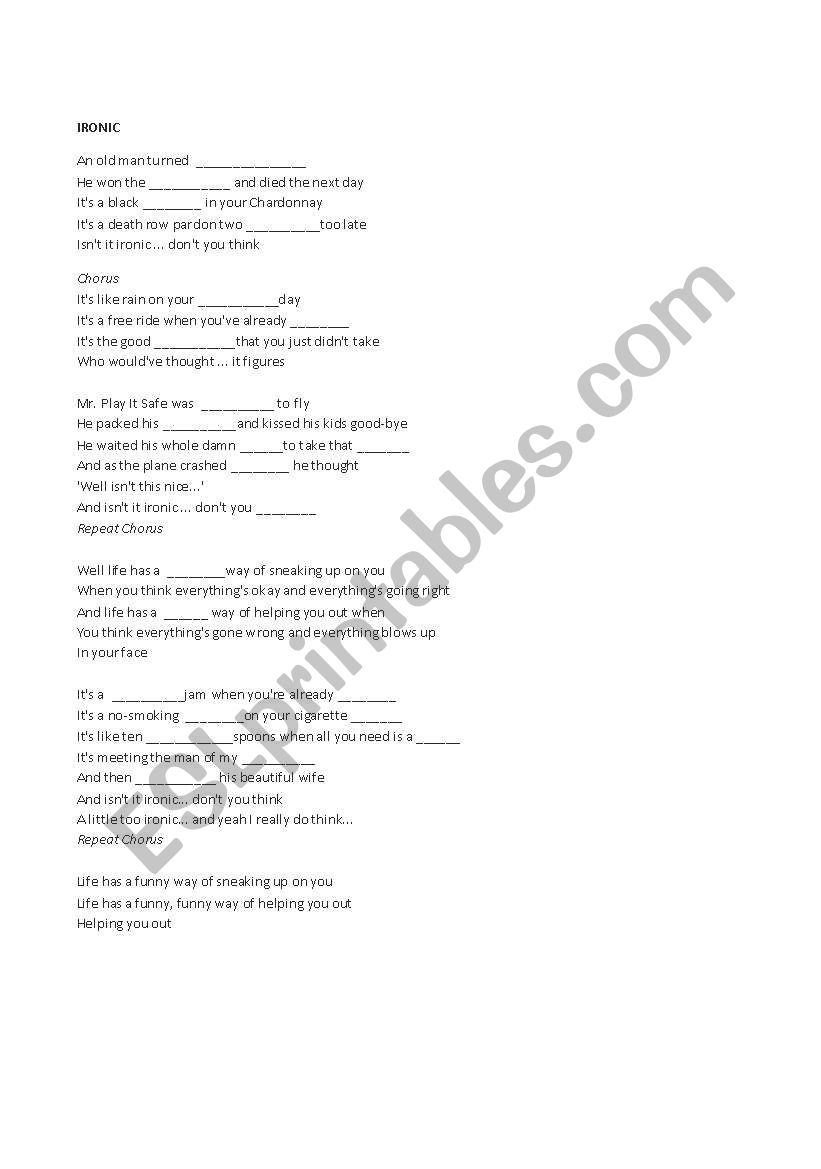 IRONIC BY ALANIS worksheet