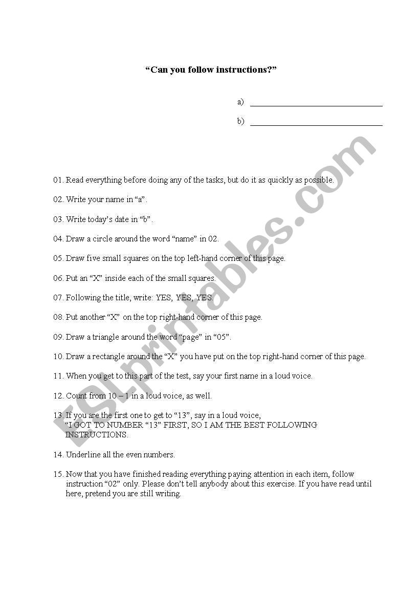 Can you follow instructions worksheet