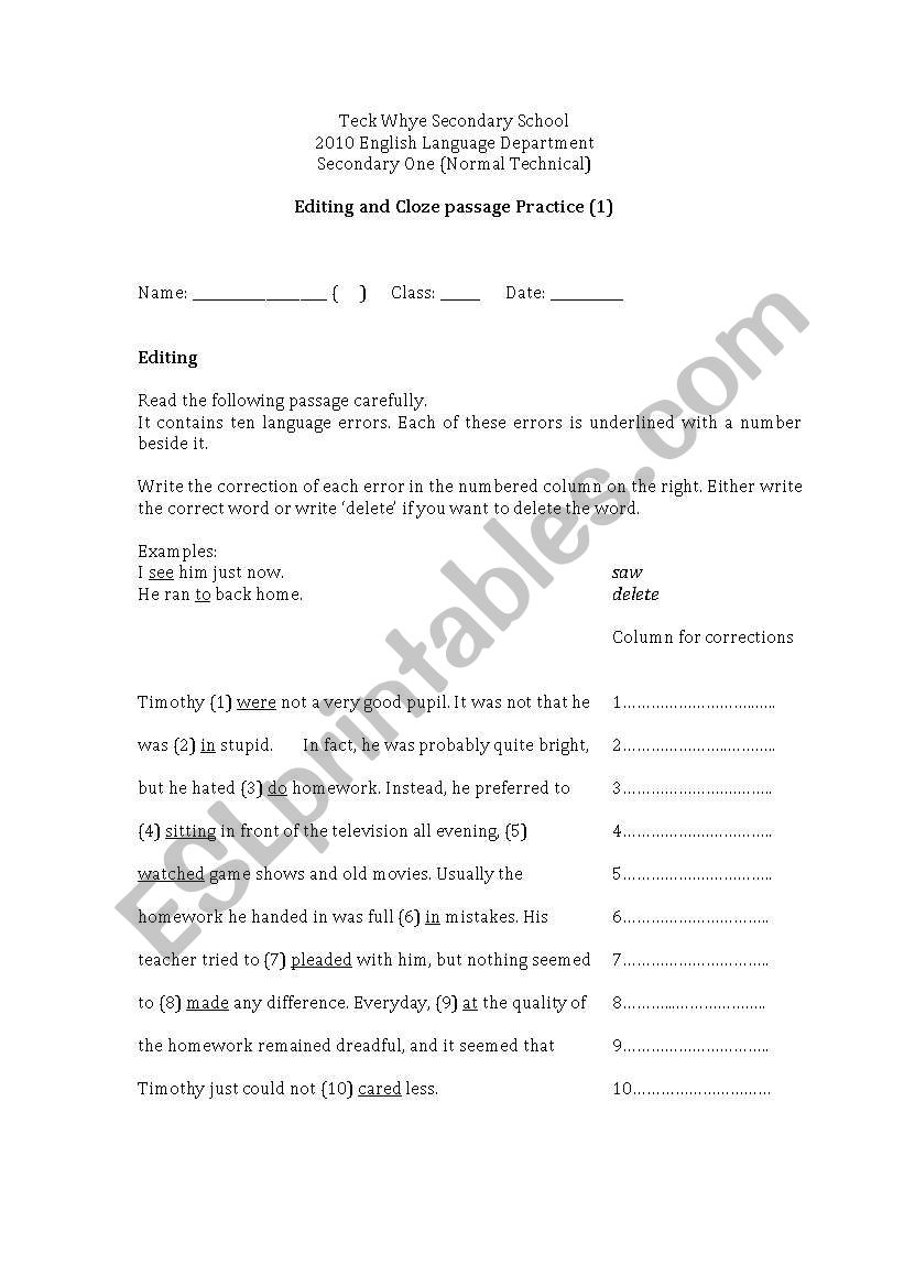 Editing and Cloze Passage worksheet