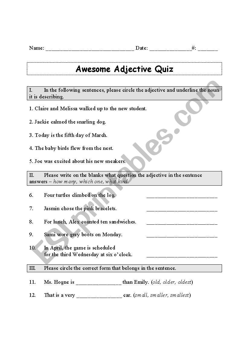 adjective quiz worksheet