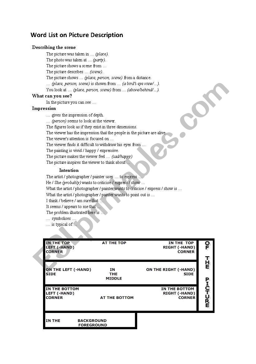 picture description worksheet