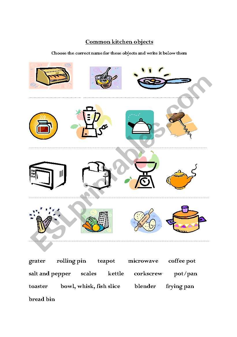 Common kitchen objects - ESL worksheet by Sweet Murren
