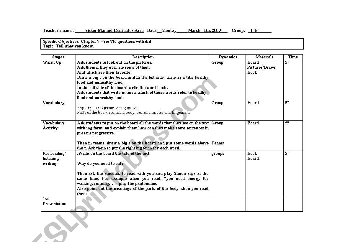 Lessons Plan worksheet