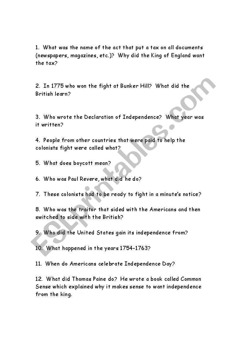English worksheets: The American Revolution