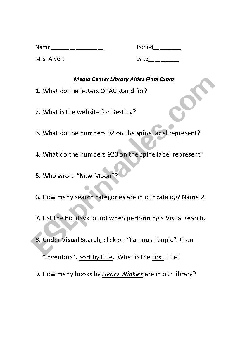 DESTINY quiz worksheet