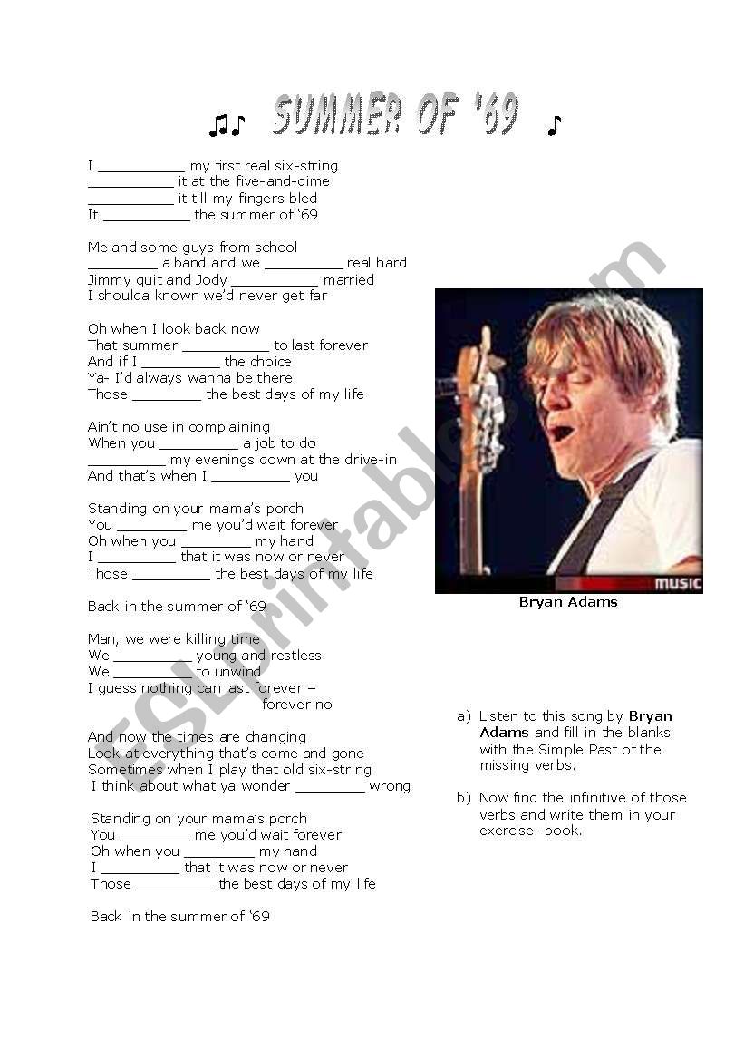 Summer of 69 by Brian Adams: English ESL worksheets pdf & doc