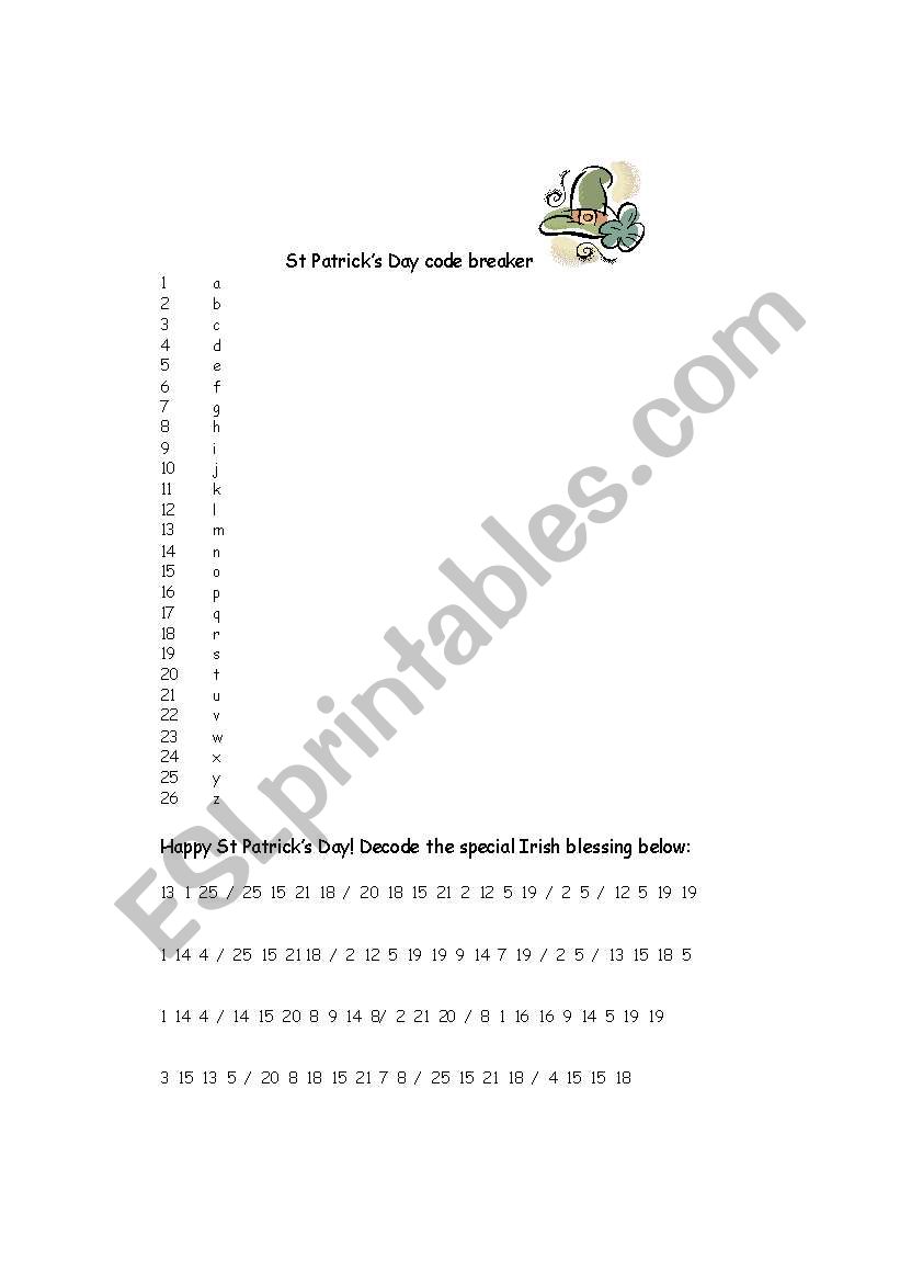 St Patricks Day Code Breaker worksheet