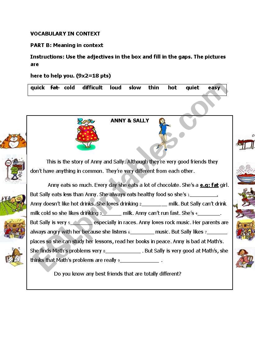 Adjectives in context worksheet