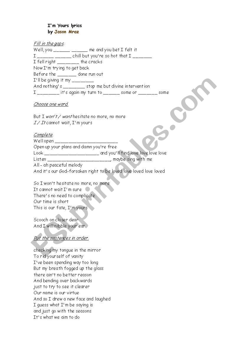 English worksheets: I´m yours by Jason Mraz