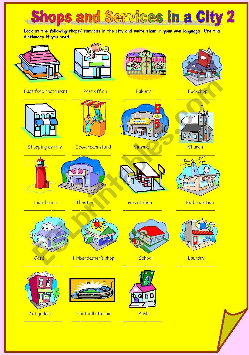 Shops and Services in a City 2 - ESL worksheet by maggie2009