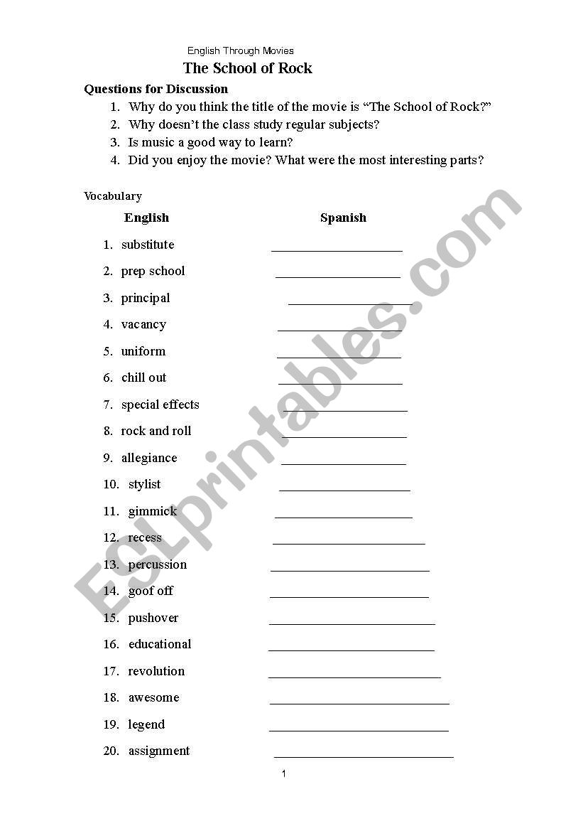 School of Music worksheet