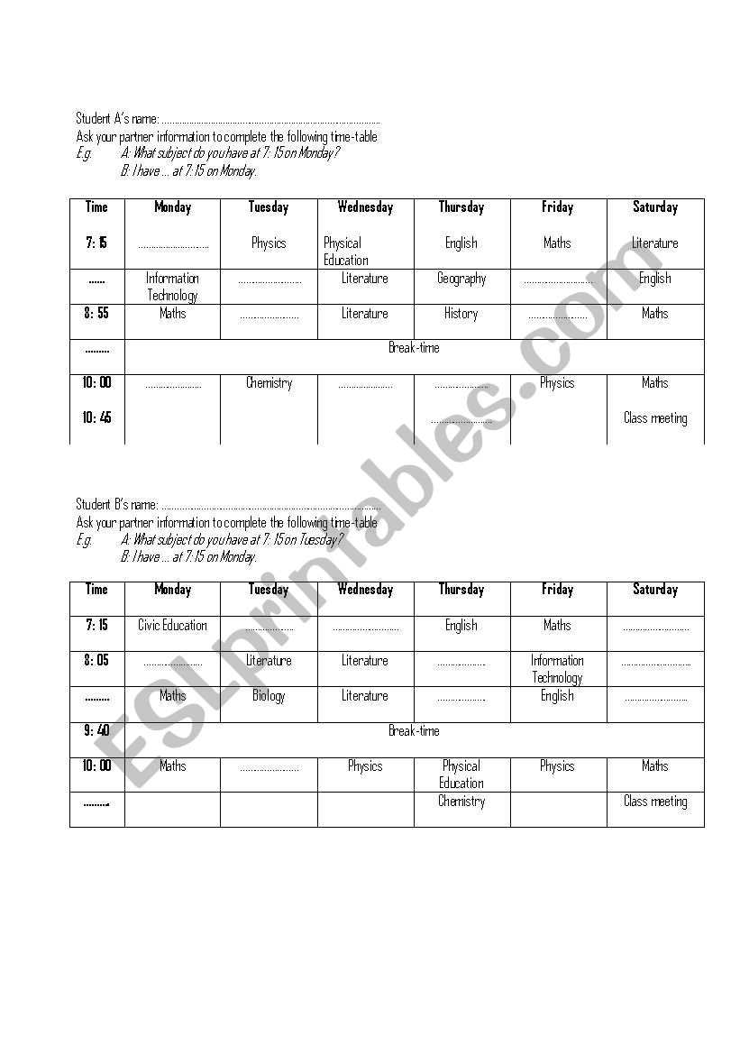 Time-table practice worksheet