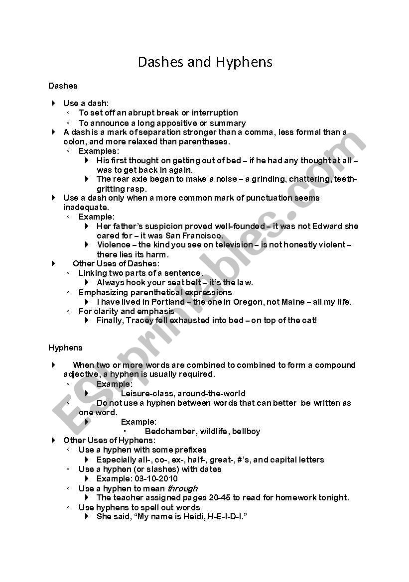 Hyphen Information Handout worksheet