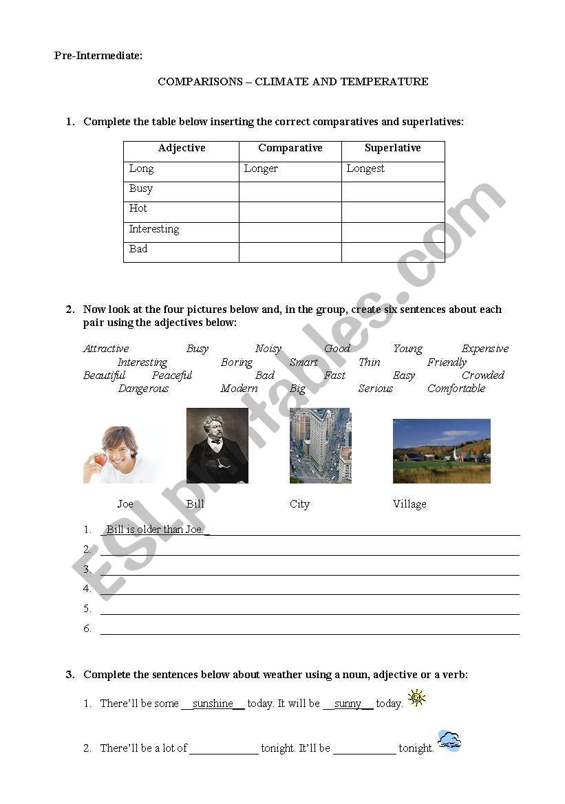 Comparatives and the weather with teacher answer sheet