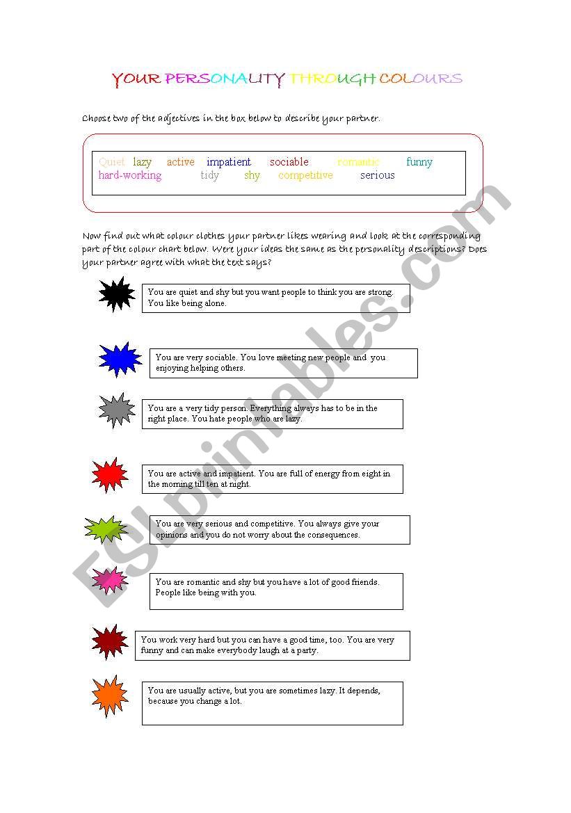 personality through colours worksheet