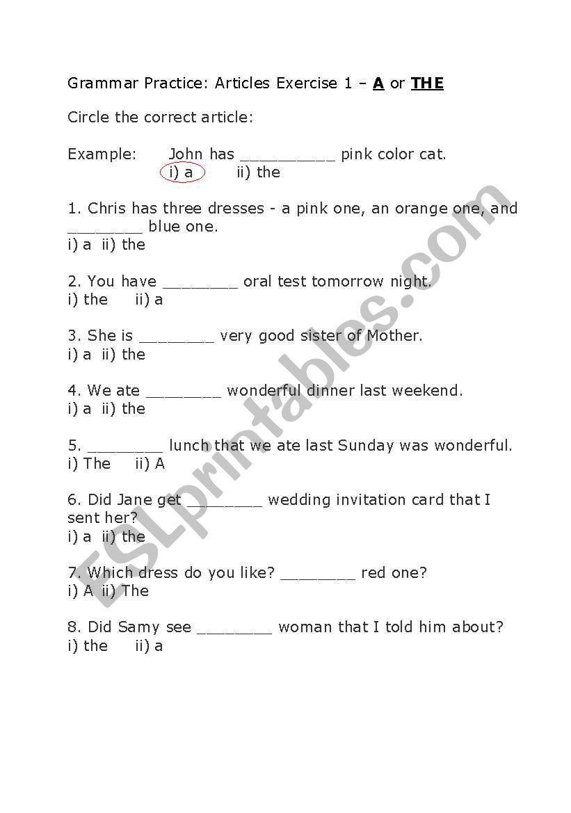 Grammer Practice on Articles Ex 1